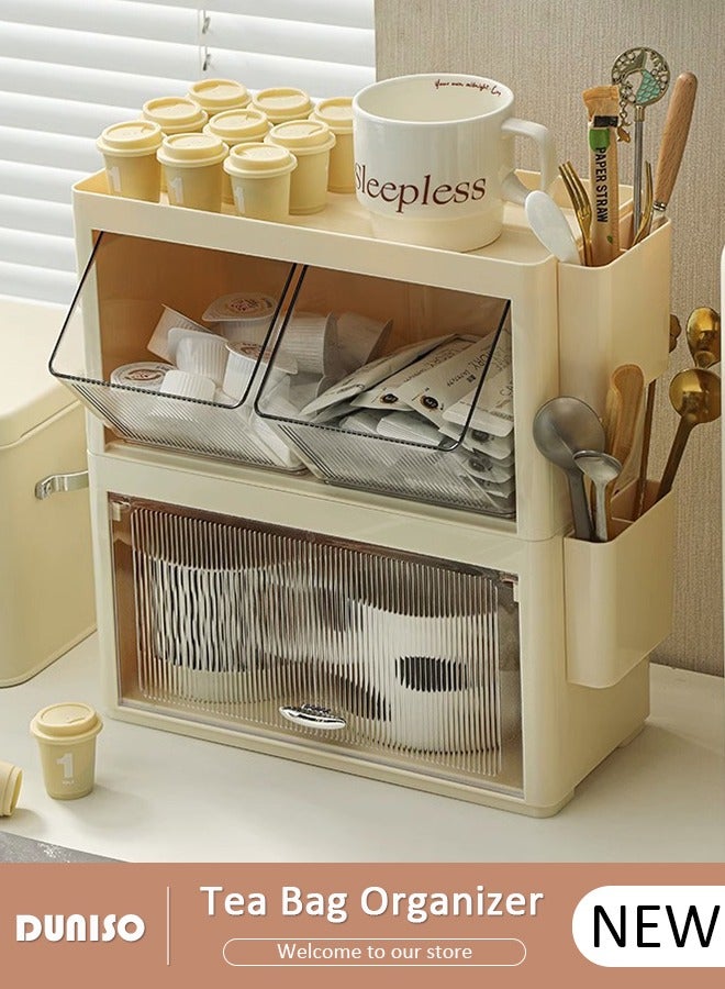 DUNISO Tea Bag Organizer, Stackable Plastic Tea Storage Box with Lid, Wall-mounted Tea Bag Holder, Coffee Pod Holder, Tea Bags Container Dispenser, Multi-layer Countertop Organizer for Sugar Packet, Coffee, in Kitchen, Countertop, Pantry  - Image 1
