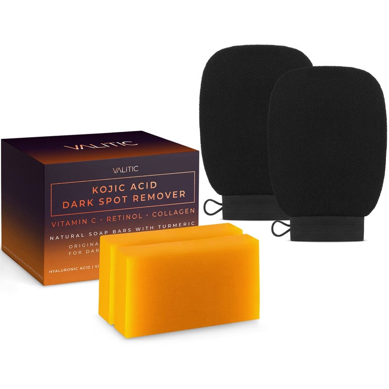 VALITIC 2 Pack Kojic Acid Dark Spot Corrector Soap Bars with Vitamin C, Retinol, Collagen, Turmeric - Original Japanese Complex - Hyaluronic Acid Bundle with 2 Black Exfoliating Gloves for Body Scrub - Image 1