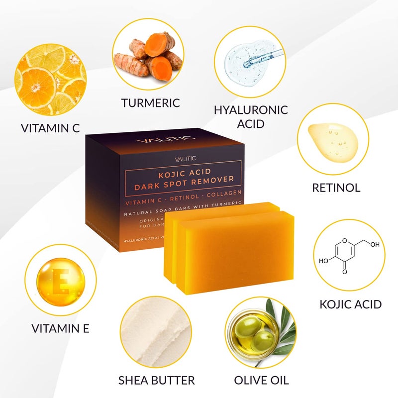 VALITIC 2 Pack Kojic Acid Dark Spot Corrector Soap Bars with Vitamin C, Retinol, Collagen, Turmeric - Original Japanese Complex - Hyaluronic Acid Bundle with 2 Black Exfoliating Gloves for Body Scrub - Image 4