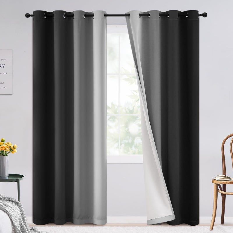 SimpleHome Ombre 100% Blackout Curtains for Bedroom 84 Inches Long, Black with White Liner Room Darkening Thermal Insulated Grommet Curtain/Drapes for Living Room,2 Panels Set - Image 1