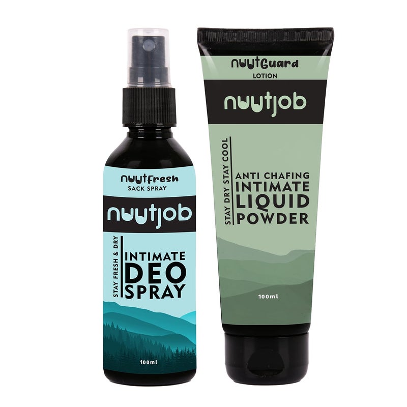 Nuutjob Men Stay Dry Combo  Pack of 2 Intimate Liquid Powder 100 ml  Intimate Deo Spray 100 ml  Cruelty Sulfate  Paraben Free  Alcohol Free  Lotion  For Men  Boys  200 ml Pack - Image 1