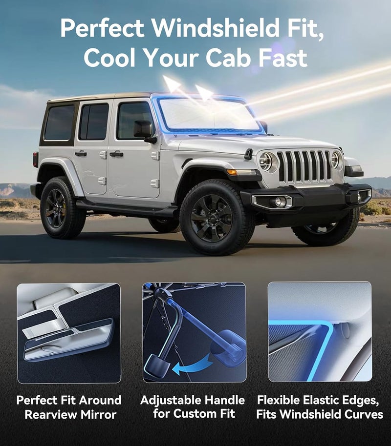 Nmoiss Windshield Sun Shade Umbrella for Jeep - [Vinyl Coating Heat Shield] Protect Car from Sun Rays & Heat Damage Keep Cool and Protect Interior, Spring Structure Edge - Image 4