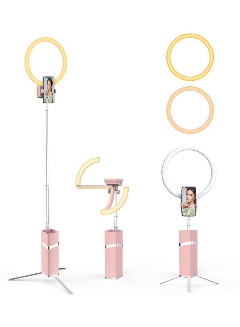 Captaintech Foldable Portable Travel Selfie Ring Light, 10” Rechargeable Cordless Ring Light, 4000mAh Battery, 79” Foldable Selfie Tripod Stand Travel Ring Light for Selfie, Live Stream, Pink - Image 1