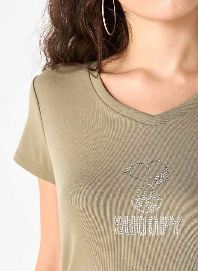 SP Characters Snoopy Embellished V-neck T-shirt with Short Sleeves