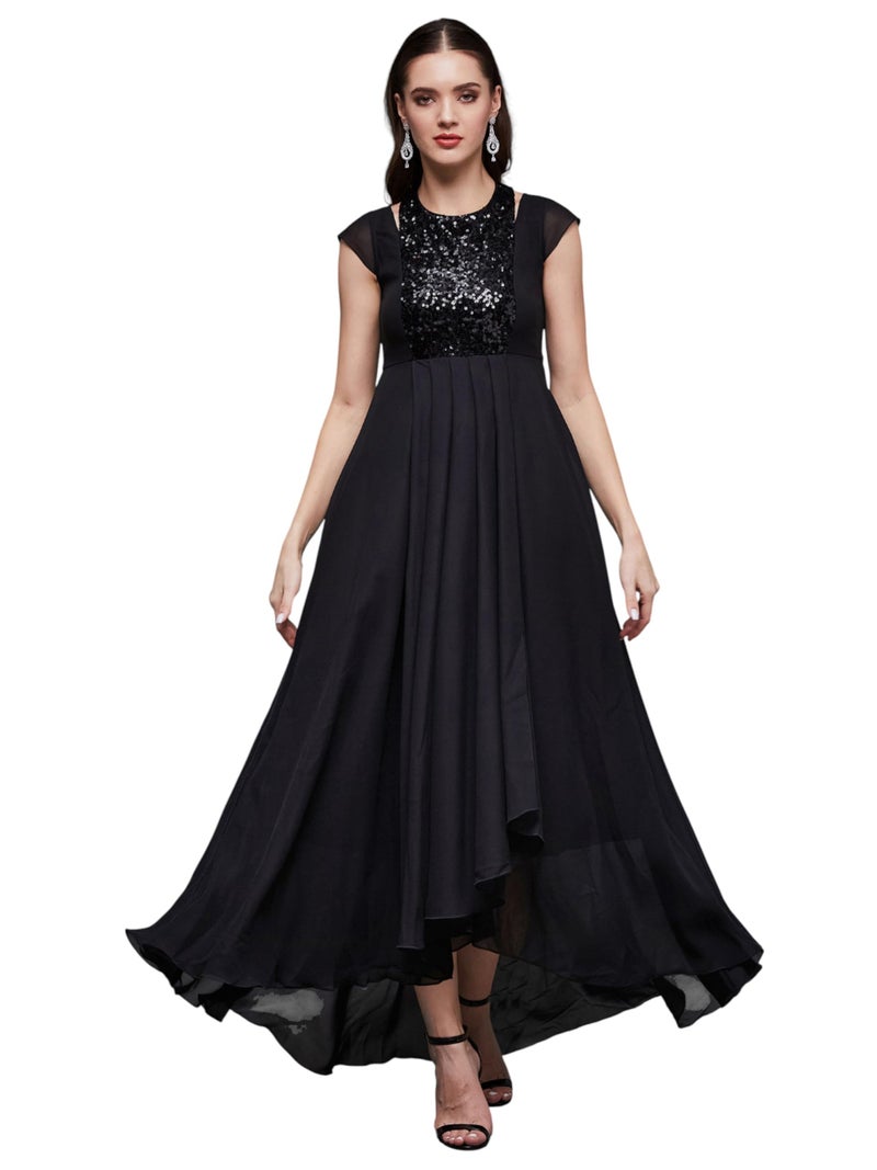 Miss Chase Women's Halter-Neck Cap-Sleeve Pleated Embellished Maxi Dress (MCAW22D99-88-338-03, Smokey Black, S) - Image 1
