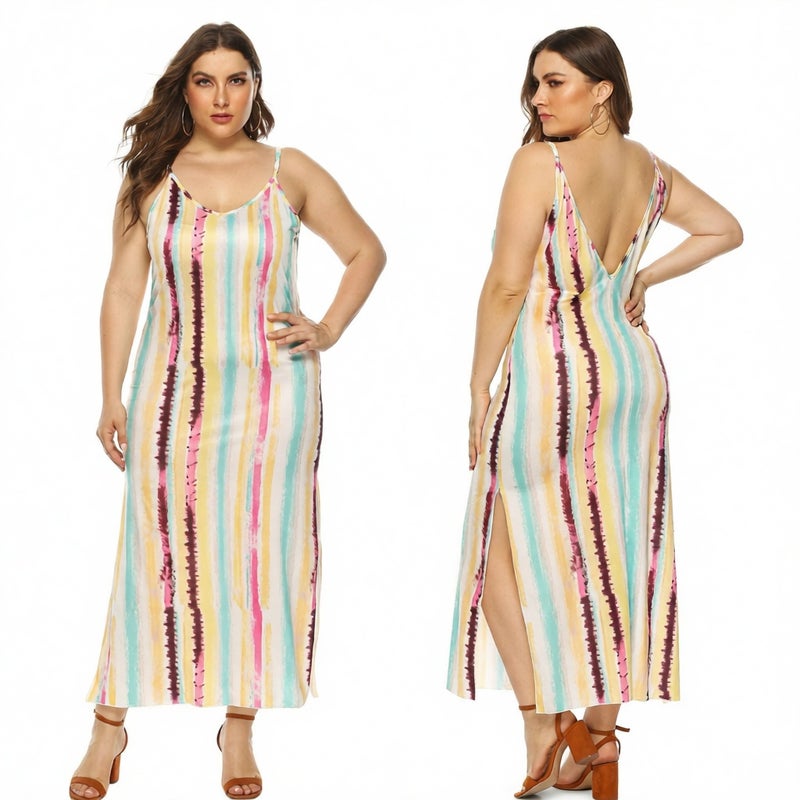 Plus Size Striped Print Backless Split Long Dress