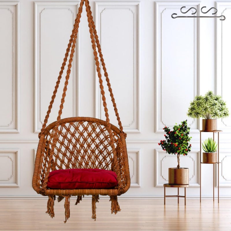 Patiofy Swing for Adults KidsSwing for BalconySwing Chair for Adults for HomeCotton D Shape Wooden SwingJhula for AdultsJhoolaSwing for IndoorIncludes Hanging Kit Red Cushion Brown