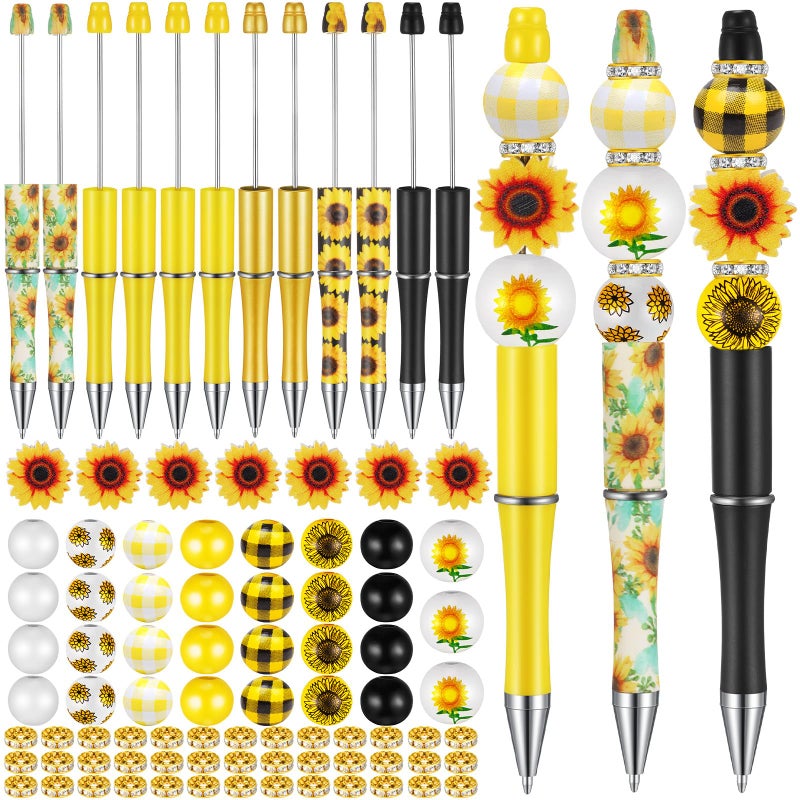 Geyee 12 Set Plastic Beadable Pens Assorted Bead Pens Crystal Wood Round Spacer Set Black Ink DIY Ballpoint for Women Men Gift Office Supplies(Sunflower) - Image 1