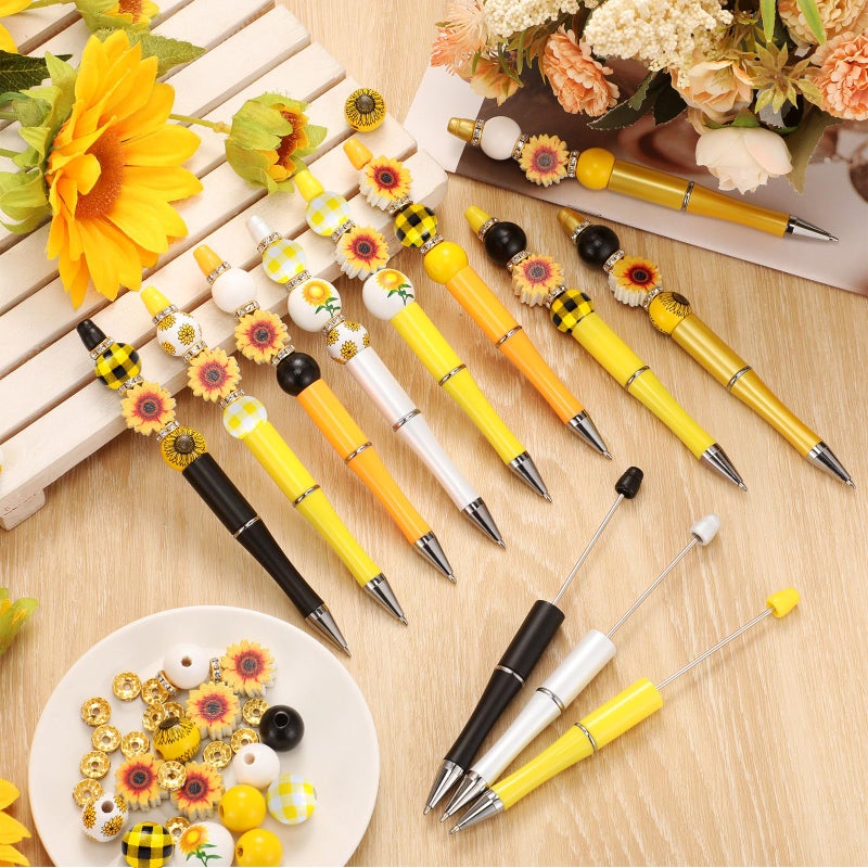 Geyee 12 Set Plastic Beadable Pens Assorted Bead Pens Crystal Wood Round Spacer Set Black Ink DIY Ballpoint for Women Men Gift Office Supplies(Sunflower) - Image 2