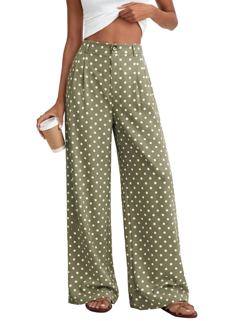 KIRUNDO Dress Pants Women 2026 Summer Polka Dot Palazzo Wide Leg Trousers Flowy Business Casual Slacks for Work with Pockets(Dot Green White, Large) - Image 1