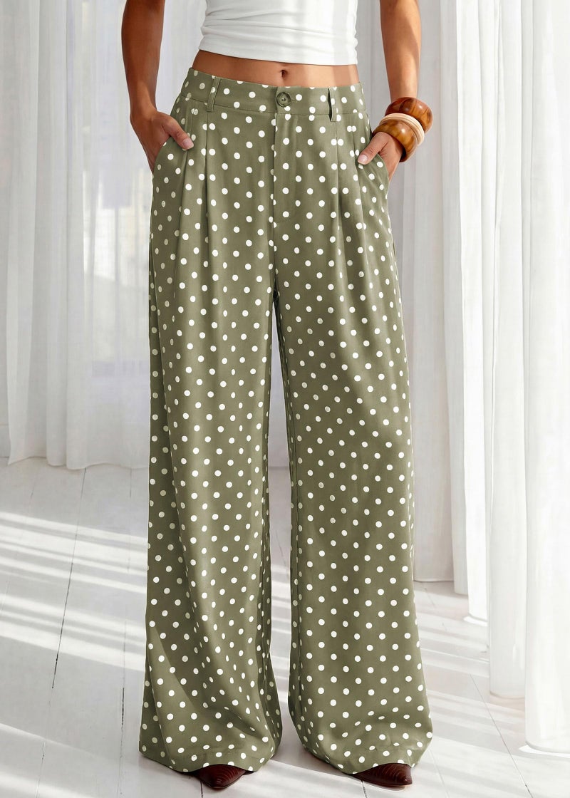 KIRUNDO Dress Pants Women 2026 Summer Polka Dot Palazzo Wide Leg Trousers Flowy Business Casual Slacks for Work with Pockets(Dot Green White, Large) - Image 2