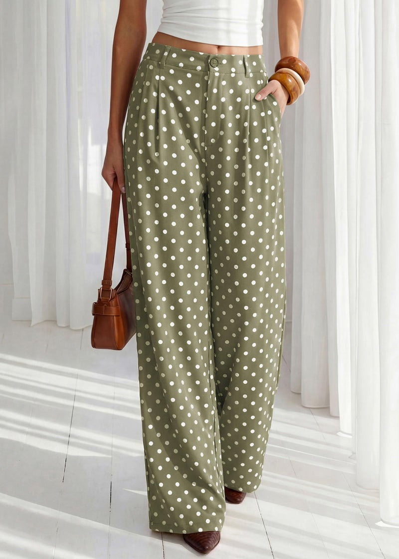KIRUNDO Dress Pants Women 2026 Summer Polka Dot Palazzo Wide Leg Trousers Flowy Business Casual Slacks for Work with Pockets(Dot Green White, Large) - Image 5