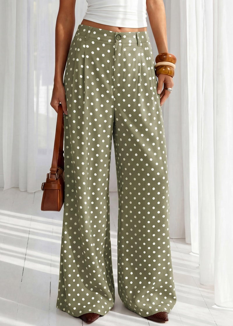 KIRUNDO Dress Pants Women 2026 Summer Polka Dot Palazzo Wide Leg Trousers Flowy Business Casual Slacks for Work with Pockets(Dot Green White, Large) - Image 3
