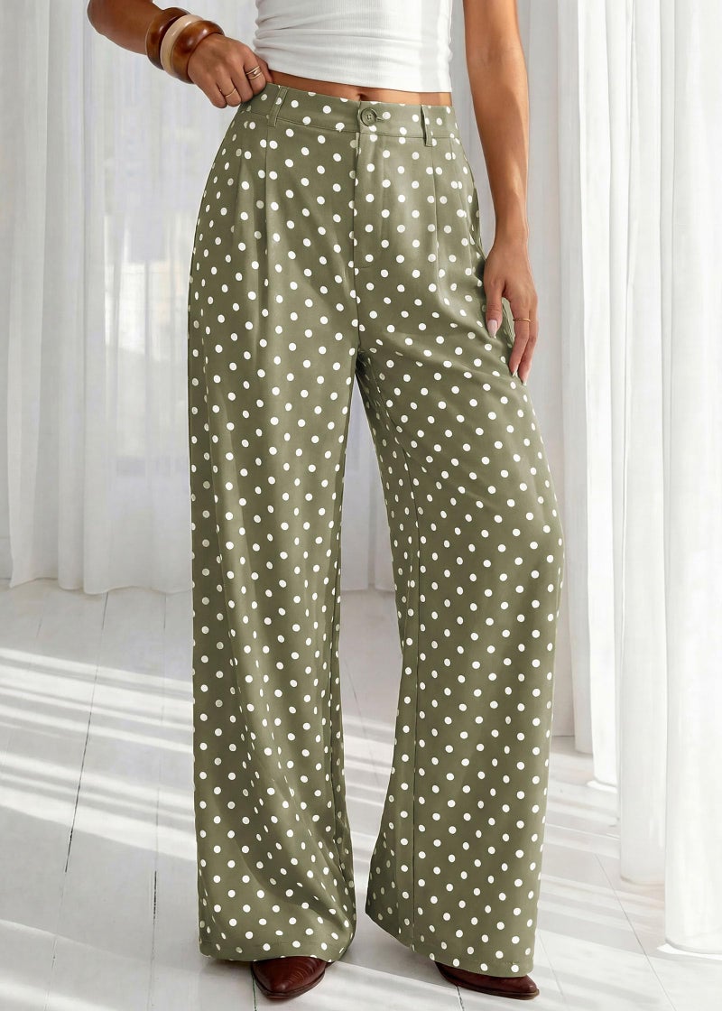 KIRUNDO Dress Pants Women 2026 Summer Polka Dot Palazzo Wide Leg Trousers Flowy Business Casual Slacks for Work with Pockets(Dot Green White, Large) - Image 4