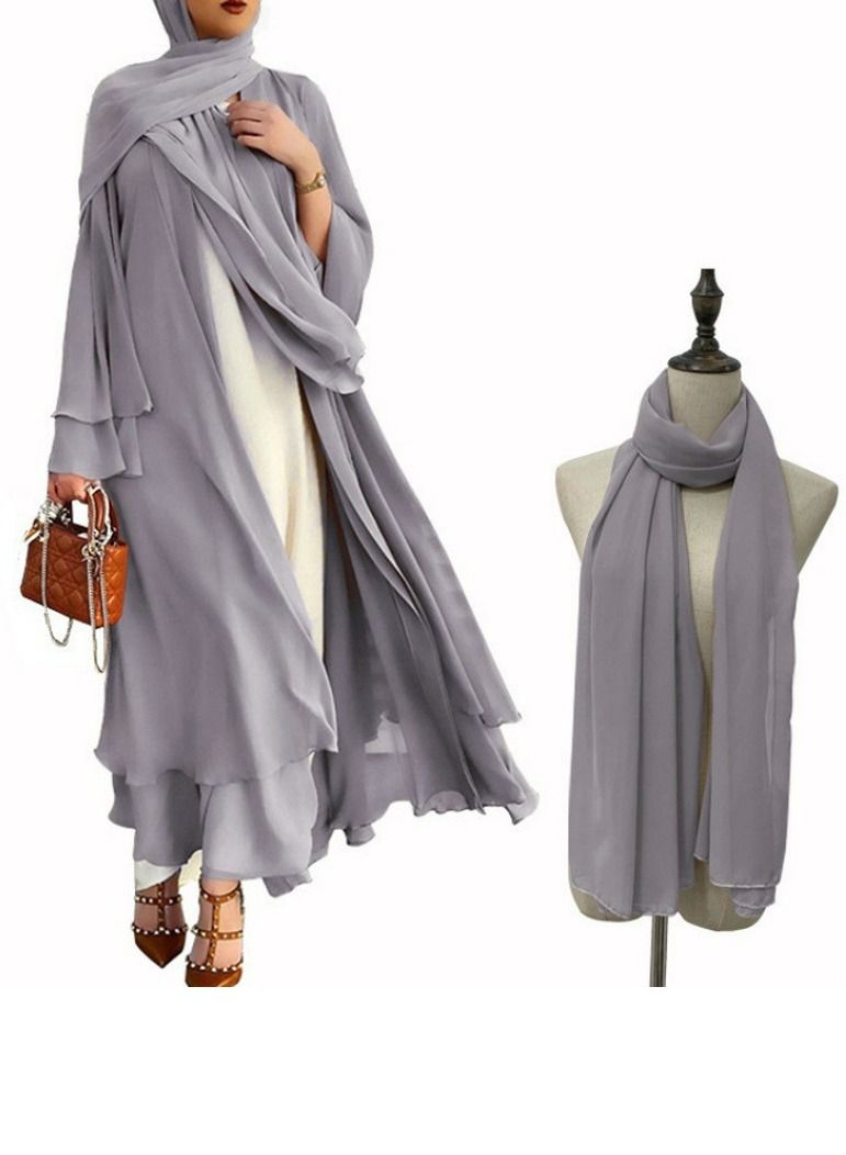 Loquat Women's Solid Color Flared Long-Sleeved Abaya with Turban Women's Elegant Long Cardigan Dress Two-Piece Set Grey 
