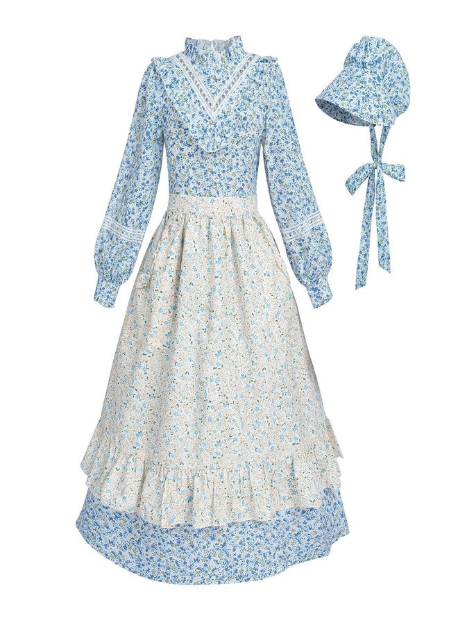 Nuoqi Pioneer Dresses for Girls Prairie Dress Long Colonial Costume 1800s Girls Victorian Dress, Blue, 8-9 - Image 1