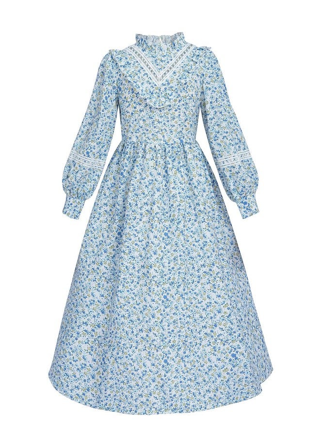 Nuoqi Pioneer Dresses for Girls Prairie Dress Long Colonial Costume 1800s Girls Victorian Dress, Blue, 8-9 - Image 4