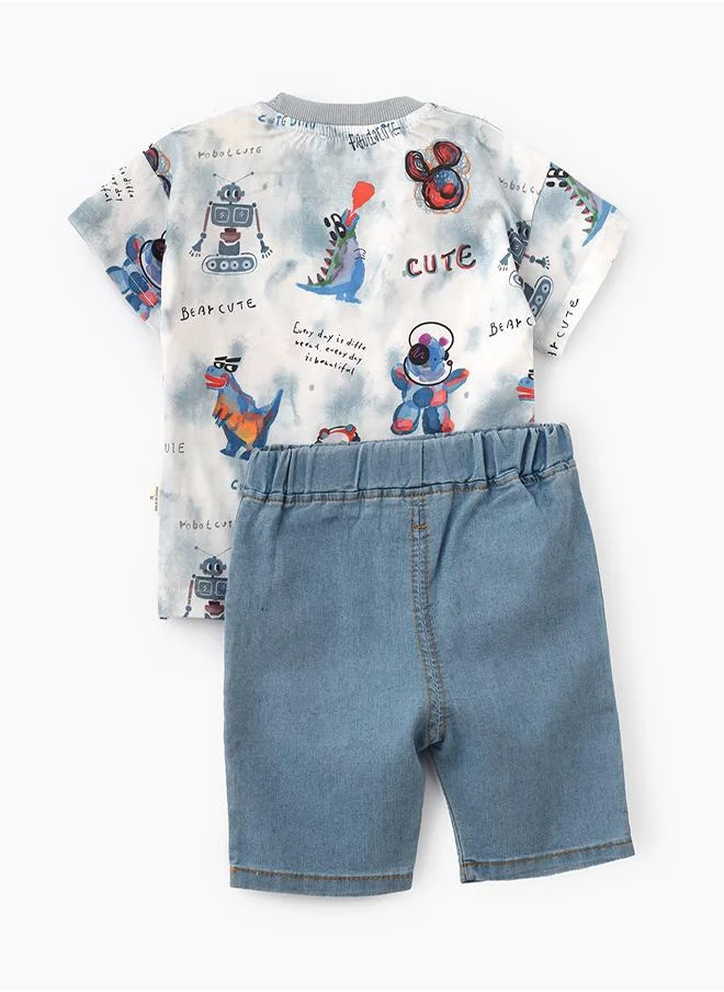 بيبي كلو Cartoon Printed Tee & Denim Shorts Set