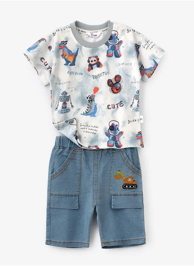 بيبي كلو Cartoon Printed Tee & Denim Shorts Set