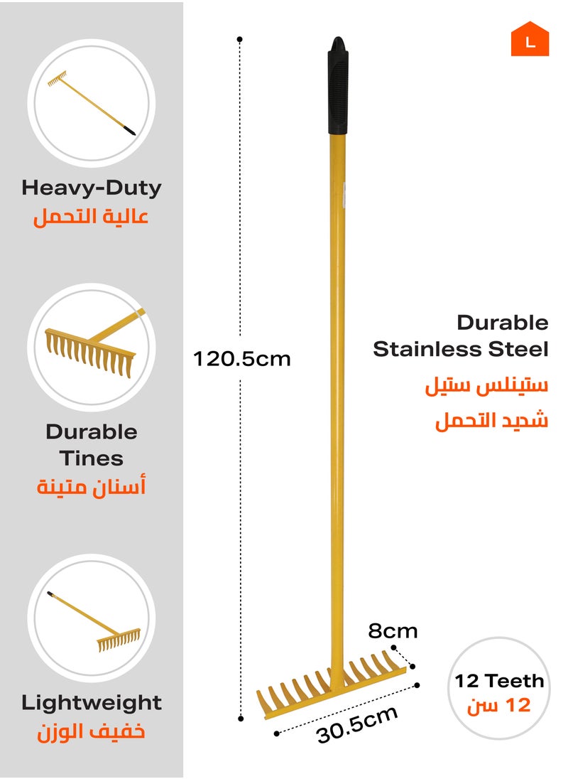LAWAZIM - Garden Rake - 1.2m, 12 Teeth - Heavy-Duty Soil Leveling Rake with Pointed Tines and Ergonomic Handle - Ideal for Lawn Care, Yard Work, Leaf Collection, Mulching, Gravel Spreading, and Debris Removal - Image 1