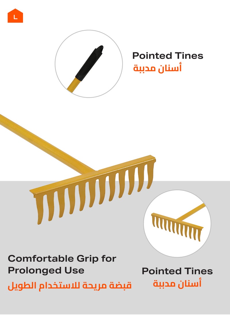 LAWAZIM - Garden Rake - 1.2m, 12 Teeth - Heavy-Duty Soil Leveling Rake with Pointed Tines and Ergonomic Handle - Ideal for Lawn Care, Yard Work, Leaf Collection, Mulching, Gravel Spreading, and Debris Removal - Image 1