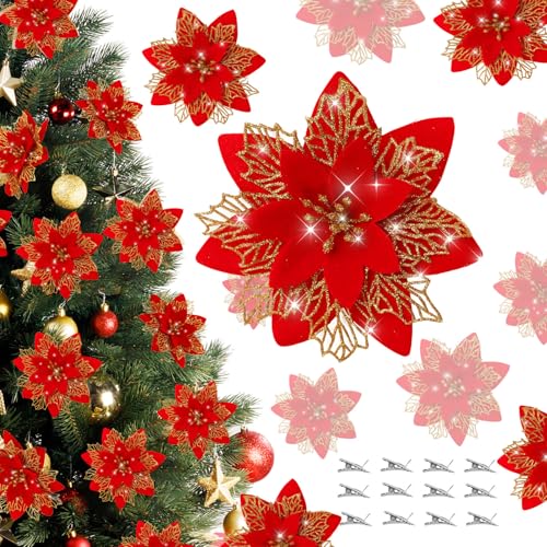 BAOTUJIA 12Pcs Red Christmas Poinsettias Flowers Decoration Artificial Flowers for Christmas Tree Ornaments Suitable for Home Wreath Making Christmas Decorations Xmas Tree Decorations Items - Image 1