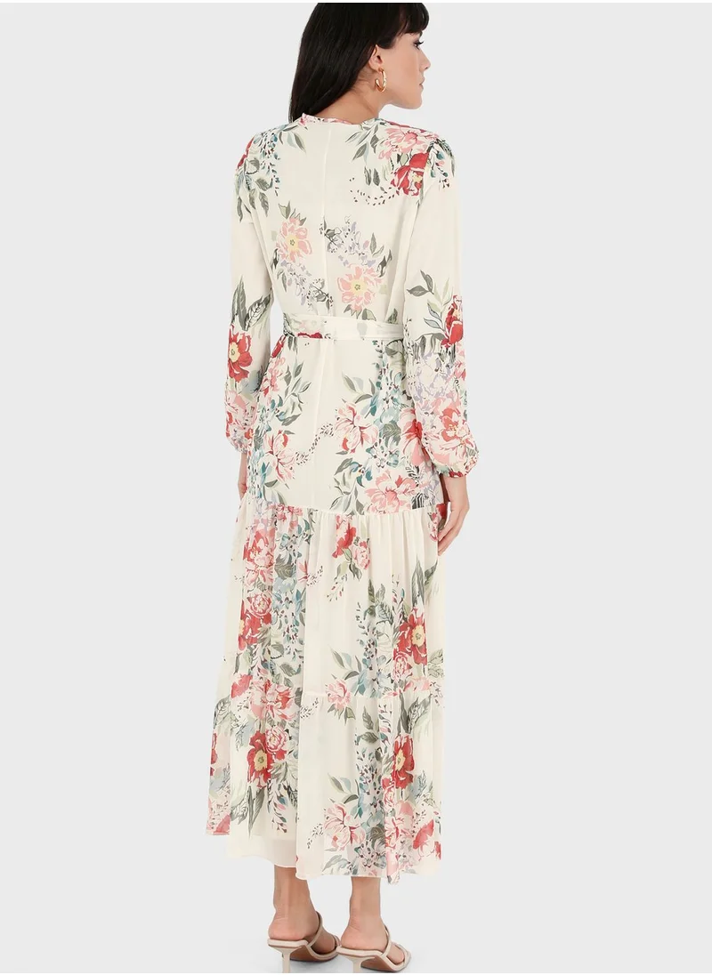 Refka by modanisa Belted Balloon Sleeve Floral Print Dress