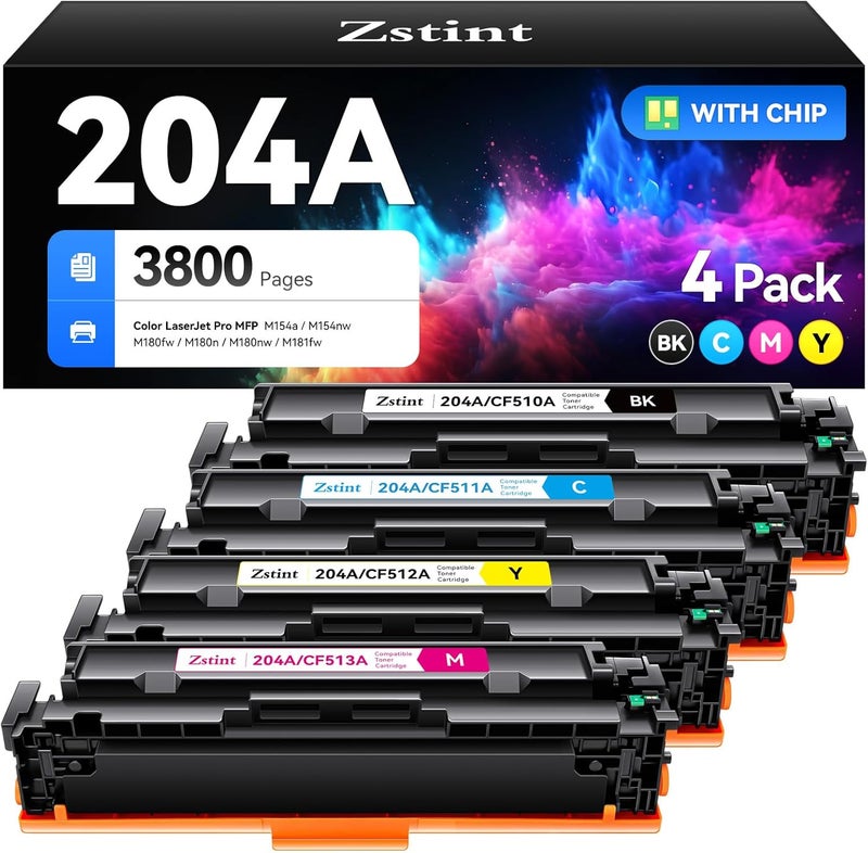 Zstint 204A Toner Cartridge Set 4-Pack Replacement for HP 204A 204X CF510A CF511A CF512A CF513A Compatible HP Color Laserjet Pro MFP M180fw M180n M180nw M181fw M154a M154nw M154 M180 M181 Printer Ink Black - Image 1