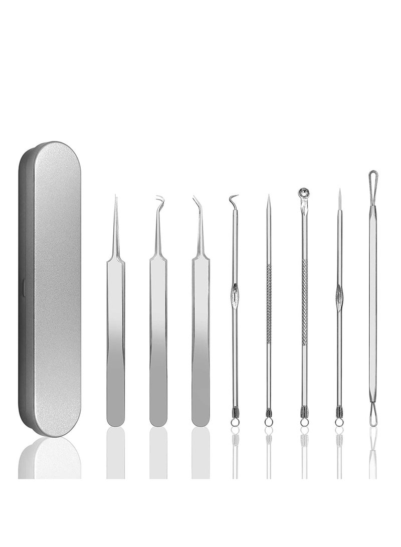 KHAJUL 8 Pcs Blackhead Remover Pimple Popper Tool Kit, Acne Blemish Pimple Extractor Needle, Facial Comedone Clip, Blackhead Tweezer, for Ingrown Hair Removal in Metal Case - Image 1