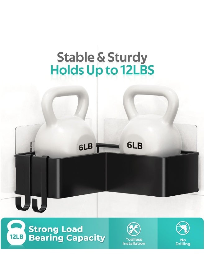 رف الحمام الزاوي، مجموعة من 2 حاملة دش مع حاملة صابون، أرفف دش لاصقة دون الحاجة للتثقيب مع 4 خطافات متحركة، سعة كبيرة، رف دش مقاوم للصدأ من الفولاذ المقاوم للصدأ - Image 4