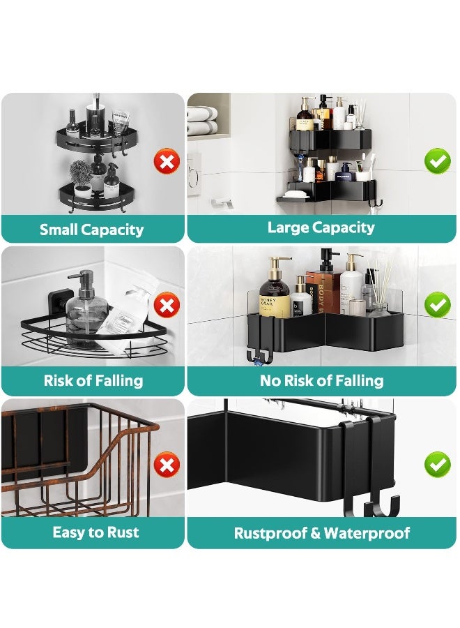 رف الحمام الزاوي، مجموعة من 2 حاملة دش مع حاملة صابون، أرفف دش لاصقة دون الحاجة للتثقيب مع 4 خطافات متحركة، سعة كبيرة، رف دش مقاوم للصدأ من الفولاذ المقاوم للصدأ - Image 5