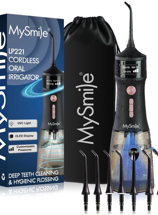 MySmile LP221 UVC Sterilizable Cordless Water Flossers for Teeth 335ML Portable OLED Display Dental Flosser with 4 Modes 8 Jet Tips and a Storage Pouch for Home and Travel (Midnight Black) - Image 1