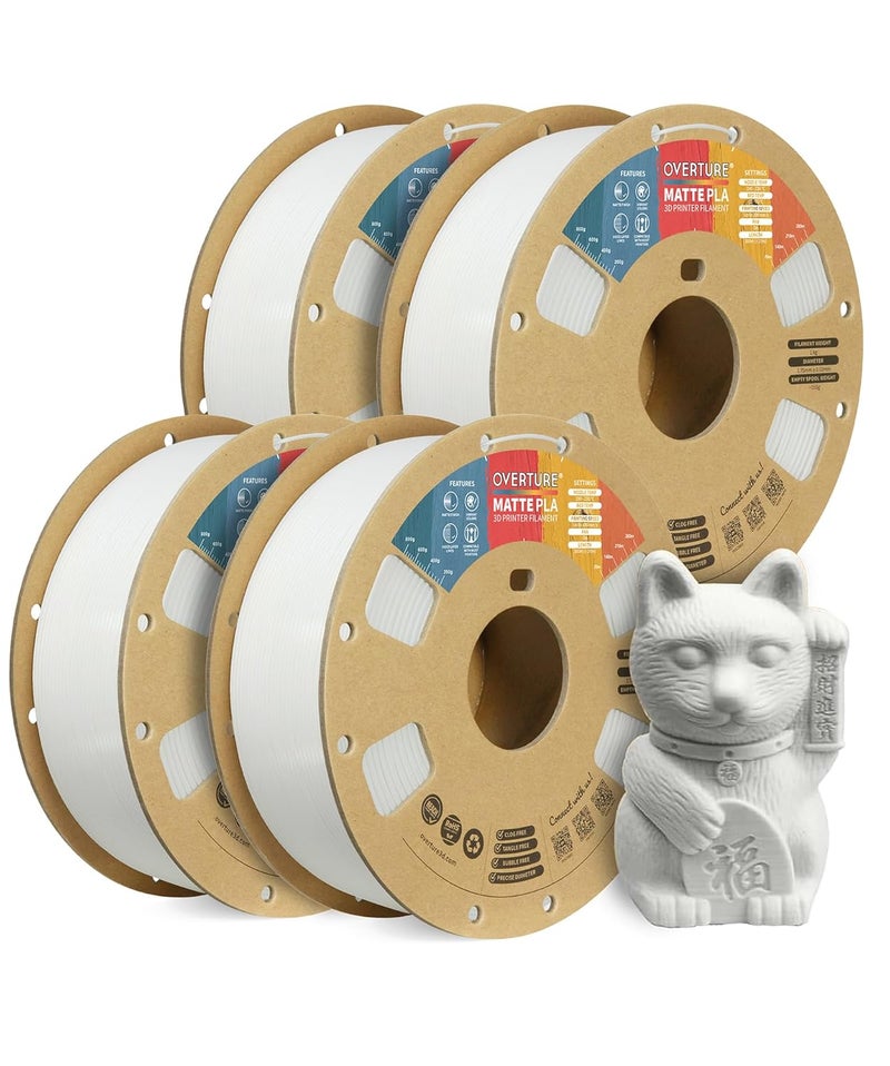 OVERTURE 4KG Bundle Matte PLA 3D Printer Filament 1.75mm, Matt Surface & Low Warping Filament 4 Pack 1kg Spool (2.2 lbs), Fit Most FDM Printers (Matte White 4-Pack) - Image 1
