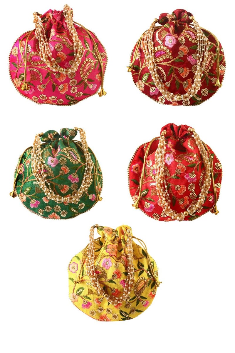 BINORI Rajasthani Style Royal Clutch Silk Batwa Bag Wristlets Embroidered Potli Bag With Floral Design, Pearl Handle, Traditional Drawstring Purse - Image 1