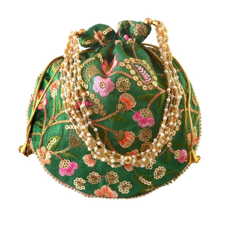 BINORI Rajasthani Style Royal Clutch Silk Batwa Bag Wristlets Embroidered Potli Bag With Floral Design, Pearl Handle, Traditional Drawstring Purse - Image 4