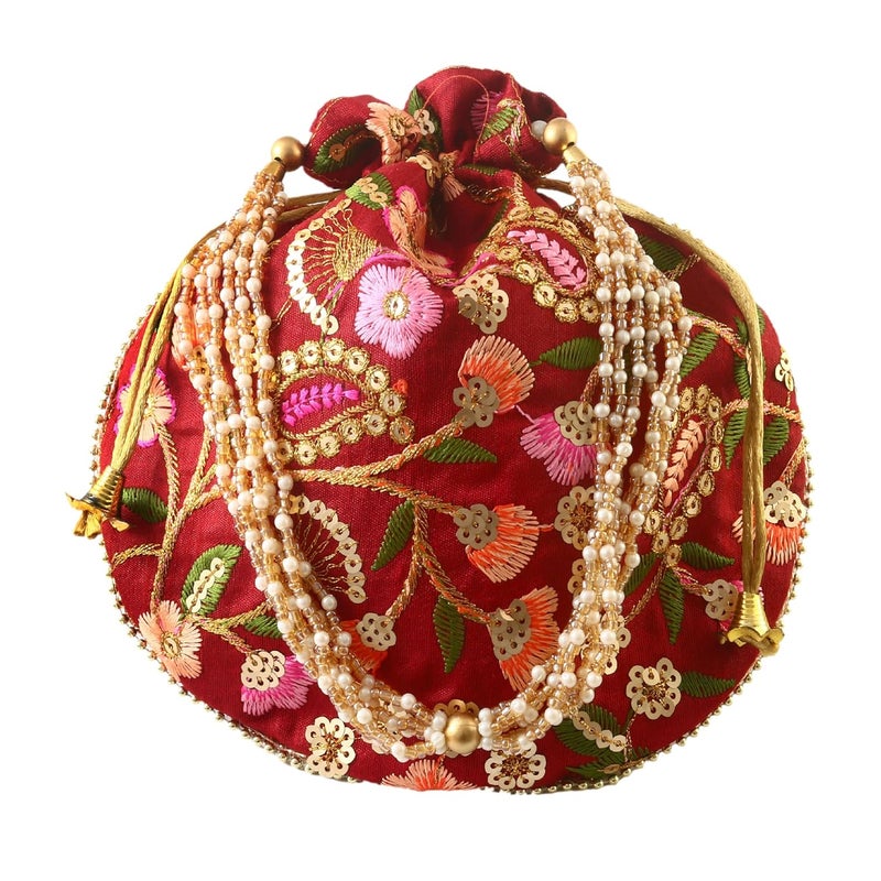 BINORI Rajasthani Style Royal Clutch Silk Batwa Bag Wristlets Embroidered Potli Bag With Floral Design, Pearl Handle, Traditional Drawstring Purse - Image 3