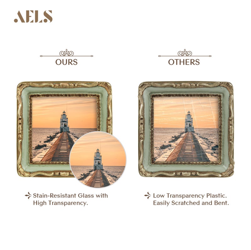 AELS 4x4 Inch Vintage Picture Frame, Elegant Antique Square Photo Frames with Glass Front, Photo Display, Tabletop Wall Hanging, Gift Ideas, Gold and Green - Image 3