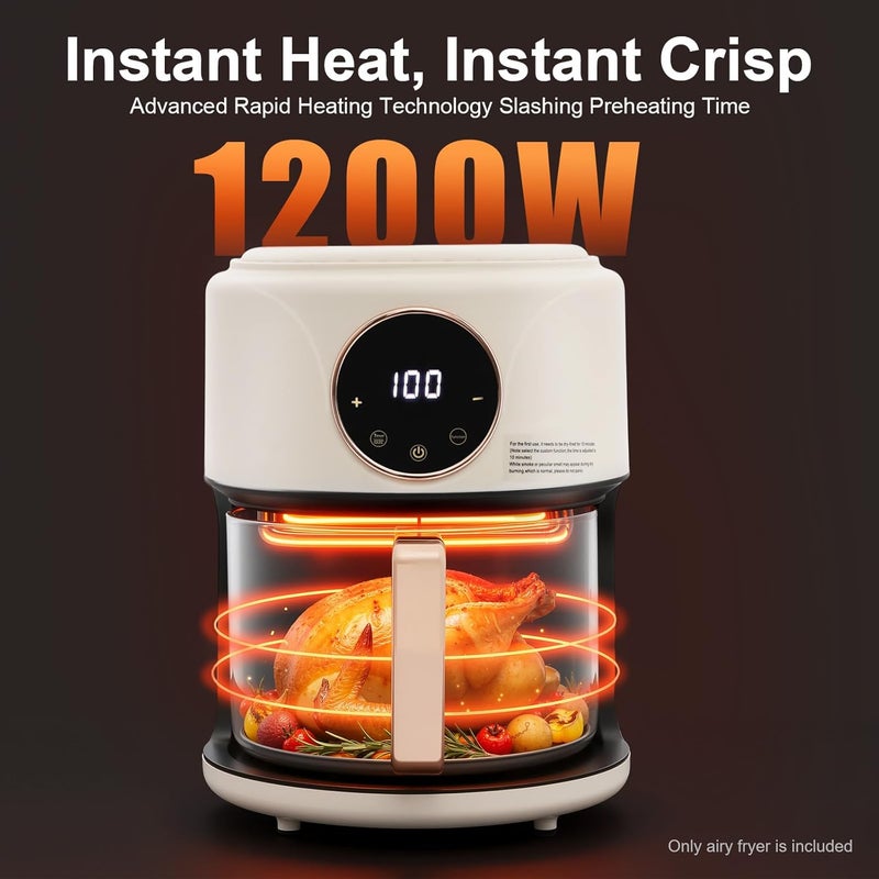 Airy Fryer, 4.2L/3.81Qt Glass Air Fryer Touchscreen with Digital Display, 360° Viewable Airy Fryer with Grill 8 Preset Modes Glass Cylinder Air Fryer for Home Kitchens, Picnics (White) - Image 5