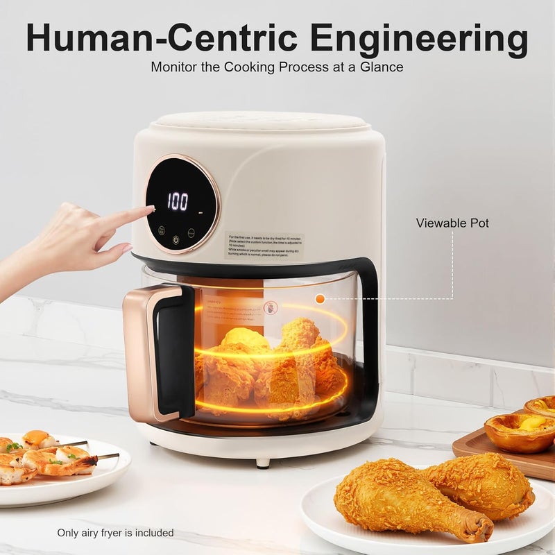 Airy Fryer, 4.2L/3.81Qt Glass Air Fryer Touchscreen with Digital Display, 360° Viewable Airy Fryer with Grill 8 Preset Modes Glass Cylinder Air Fryer for Home Kitchens, Picnics (White) - Image 2