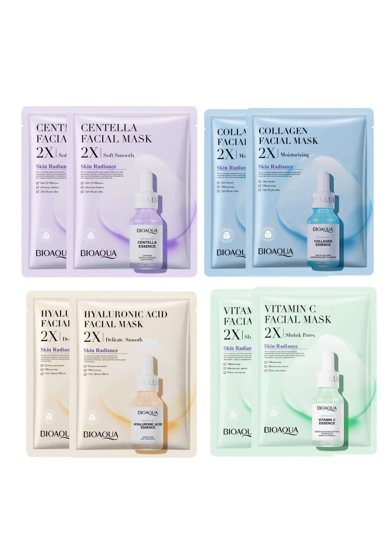 بيو أكوا 8 قطع Essence Face Mask Set - مجموعة أقنعة الوجه للعناية بالبشرة - مجموعة قناع فيتامين سي - قناع الوجه بالكولاجين - قناع الوجه المرطب - ترطيب ، مغذي ، مضاد للشيخوخة ، أقنعة ورقية متعددة الحزم - Image 1