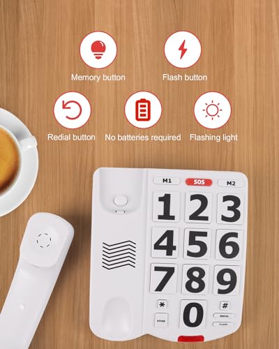 MCHEETA Big Button Phone for Seniors, Large Button Phones for Elderly with Picture, Hand-Free Corded Phone with LED Call Alert, Adjustable Volume and 3 One-Touch Dialing for Elderly People, White - Image 3