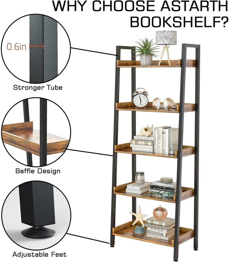 GoldenLike 5-Tier Ladder Bookshelf, Free Standing Shelf, Bookcase Shelf Storage Rack Organizer, Industrial Book Shelves for Home Office, Living Room, Kitchen,Vintage Shelves SGG042 (Black) - Image 5