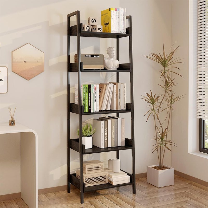 GoldenLike 5-Tier Ladder Bookshelf, Free Standing Shelf, Bookcase Shelf Storage Rack Organizer, Industrial Book Shelves for Home Office, Living Room, Kitchen,Vintage Shelves SGG042 (Black) - Image 1