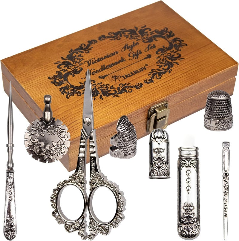 TALERLUV Vintage Embroidery Scissors Kit, Victorian Needlework Gift Set with Antique Shear, Thread Cutter, Thimbles, Needles, Awl, Bodkin, Winding Board for Sewing, Knitting, Cross Stitch, Quilting - Image 1
