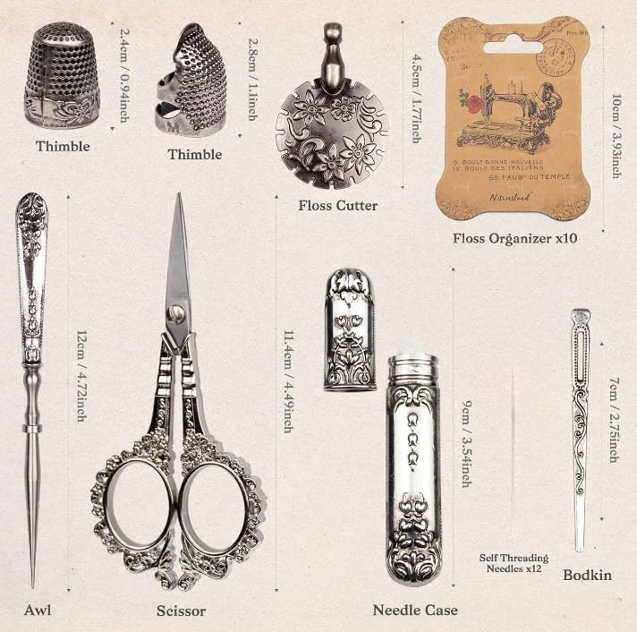 TALERLUV Vintage Embroidery Scissors Kit, Victorian Needlework Gift Set with Antique Shear, Thread Cutter, Thimbles, Needles, Awl, Bodkin, Winding Board for Sewing, Knitting, Cross Stitch, Quilting - Image 2