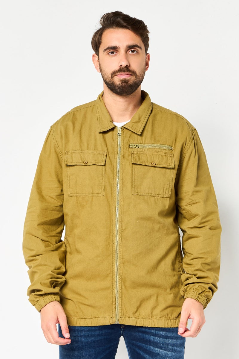 Threadbare Men Spread Collar Textured Long Sleeve Jacket Shirt, Olive - Image 1