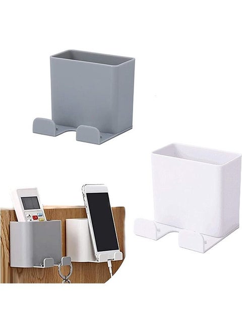 2 Pcs Wall Mount Phone Storage Holder Hooks, Self Adhesive Organizer Storage Box Phone Charging Brackets Holders, for Bedroom Bathroom Office and More (White+Grey)