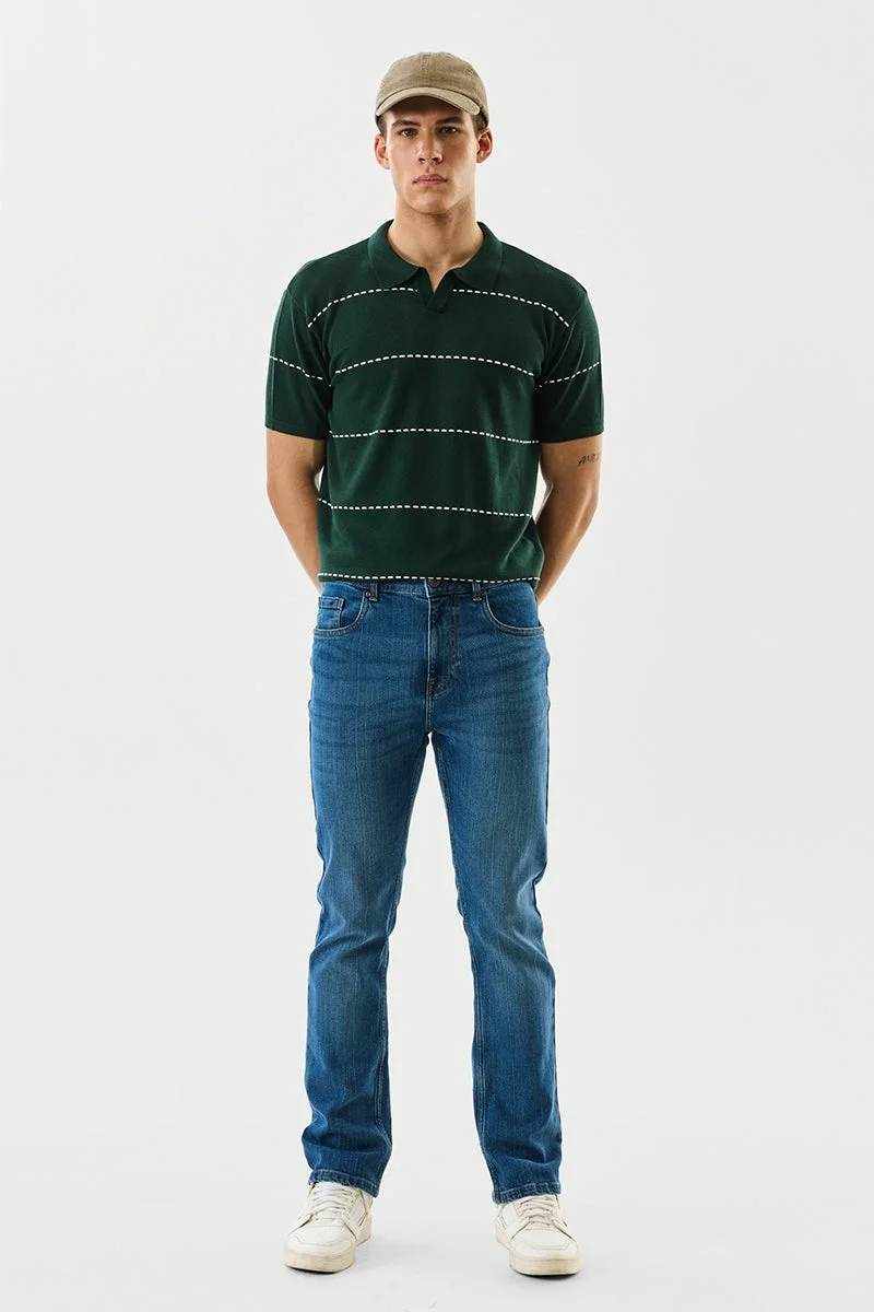 سنيتش Dark Green Striped Half Sleeve Slim Fit T-Shirt