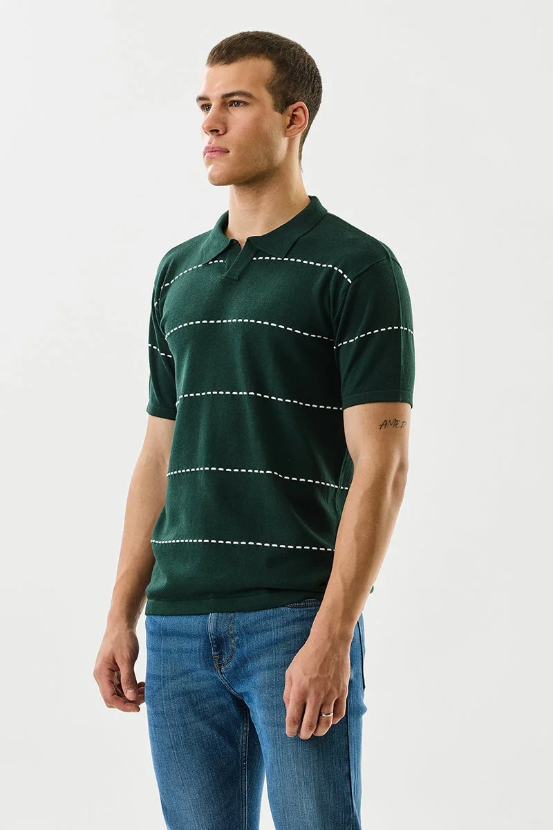 سنيتش Dark Green Striped Half Sleeve Slim Fit T-Shirt