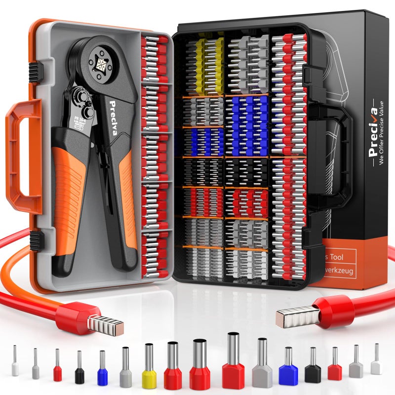 Preciva Ferrule Crimping Tool Kit with Portable Suitcase, Square Crimping Pliers for AWG 28-5 Ratchet Crimper with 1300 PCS Single & Dual Ferrule Connectors Wire Ferrules Terminals Kit - Image 1
